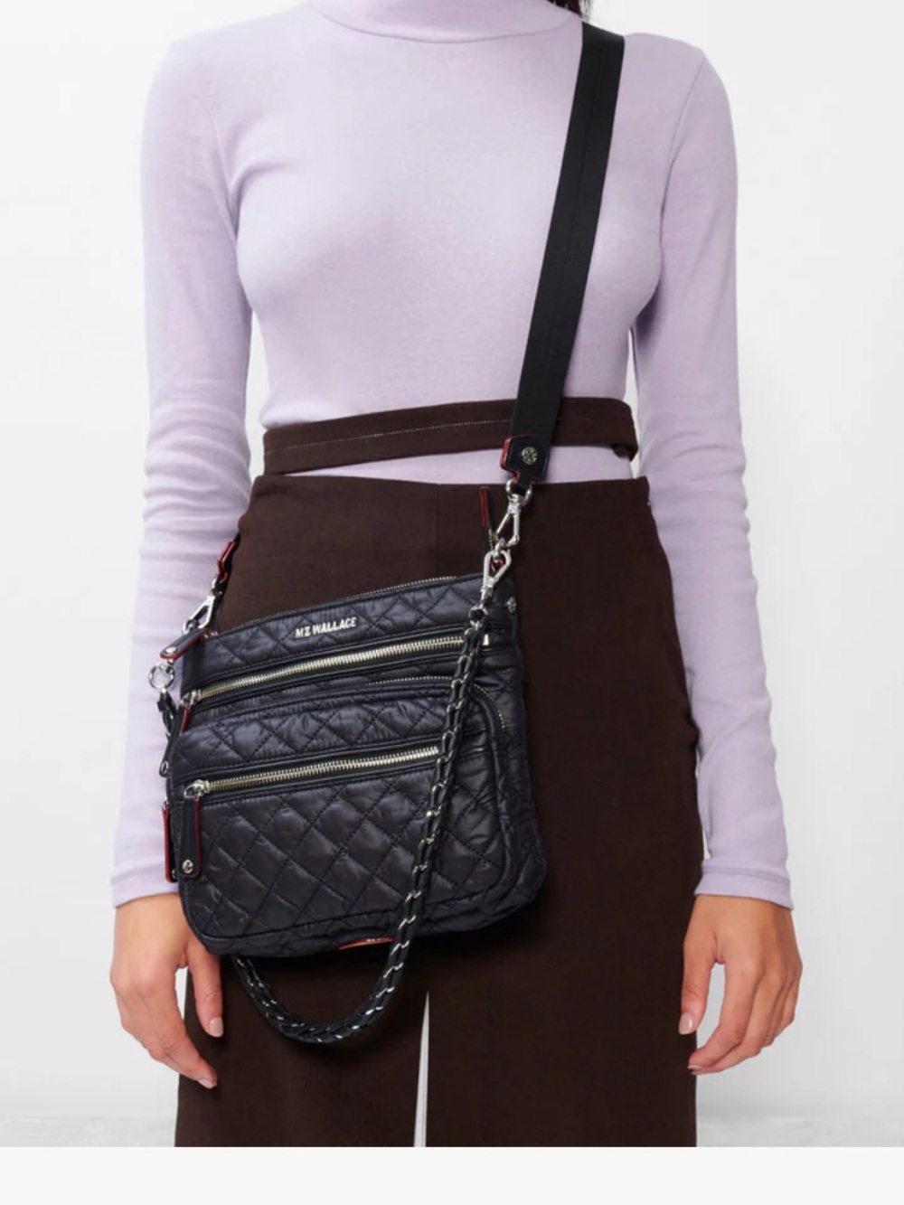MZ Wallace Downtown Crosby Black Quilted Crossbody with Chain-Detail Strap